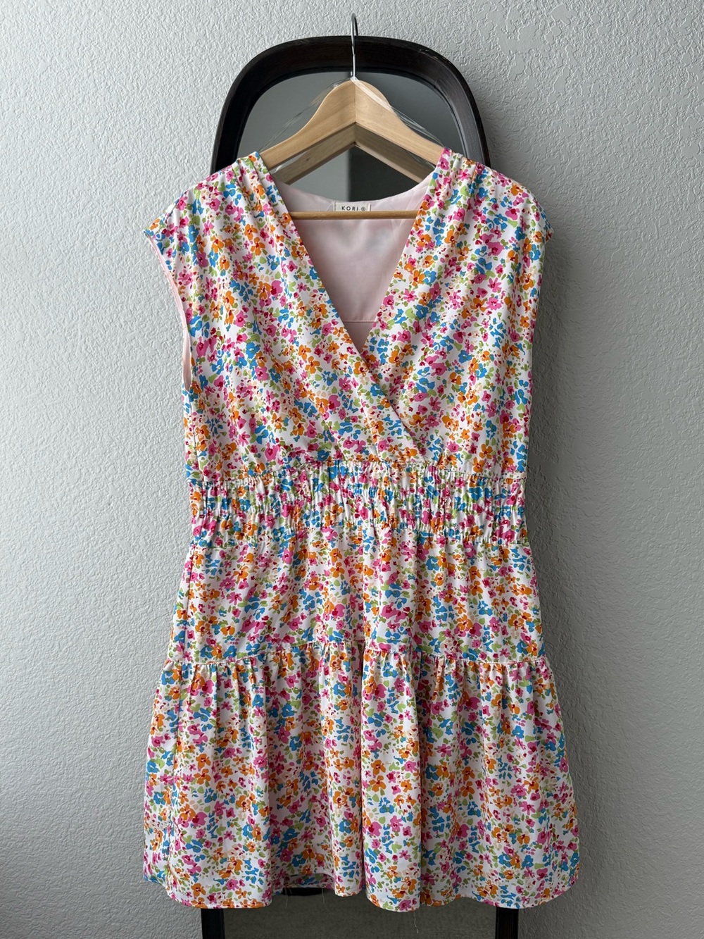 Kori Floral Mini Dress Wrap V-Neck Smocked Waist Tiered Skirt Lined Size S